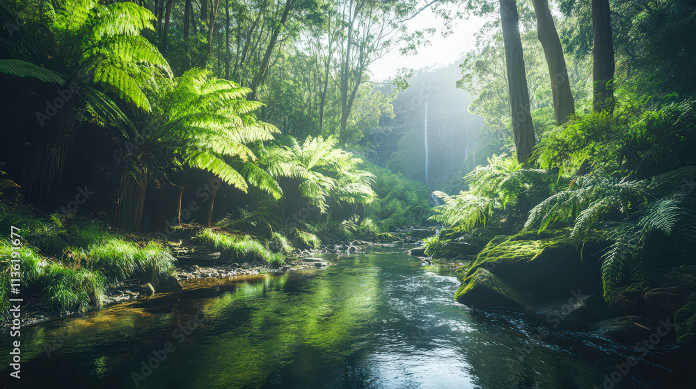A river with a lush green forest on either side A river with a lush green forest on either side