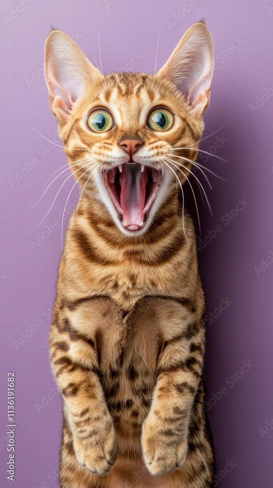 Playful Bengal Cat with Mouth Open Against Purple Background Playful Bengal Cat with Mouth Open Against Purple Background