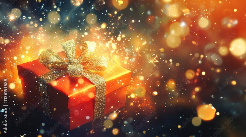 A holiday-themed banner design with an open Christmas gift box emitting shimmering sparkles, set in a warm, colorful background to convey festive cheer. A holiday-themed banner design with an open Christmas gift box emitting shimmering sparkles, set in a warm, colorful background to convey festive cheer.