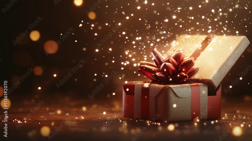 A horizontal Christmas banner with a beautifully wrapped gift box open and glowing sparkles bursting out, creating a magical holiday effect. A horizontal Christmas banner with a beautifully wrapped gift box open and glowing sparkles bursting out, creating a magical holiday effect.