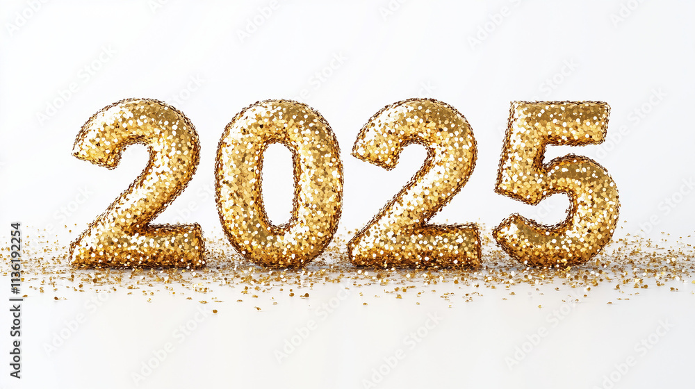 Glittering golden numbers 2025 with sparkling confetti on a white background Glittering golden numbers 2025 with sparkling confetti on a white background