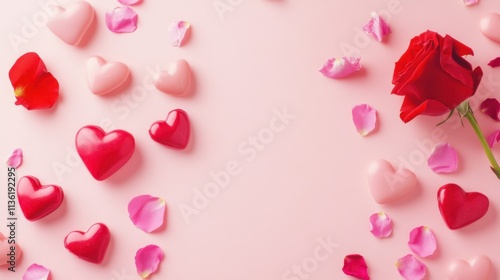 A lively and colorful Valentine's Day scene with heart-shaped candies and rose petals against a soft blush pink background, flat lay view, Minimalist style