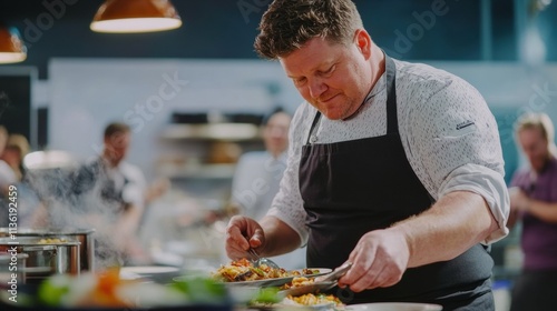 Celebrity chef plating a signature dish during a live cooking show, enthusiastic audience, --ar 16:9 --v 6.1 Job ID: e2906437-fc68-4405-b578-148933b35081