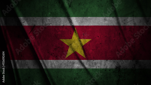 Suriname grunge silk flag waving in the wind background illustration, grunge textured flag on silk photo