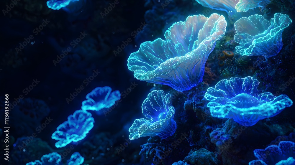 Obraz premium Bioluminescent Coral with Vibrant Glowing Structures Underwater