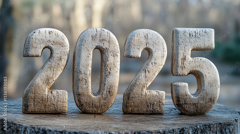 Wooden numbers 2025 in the foreground with blurred natural background Wooden numbers 2025 in the foreground with blurred natural background