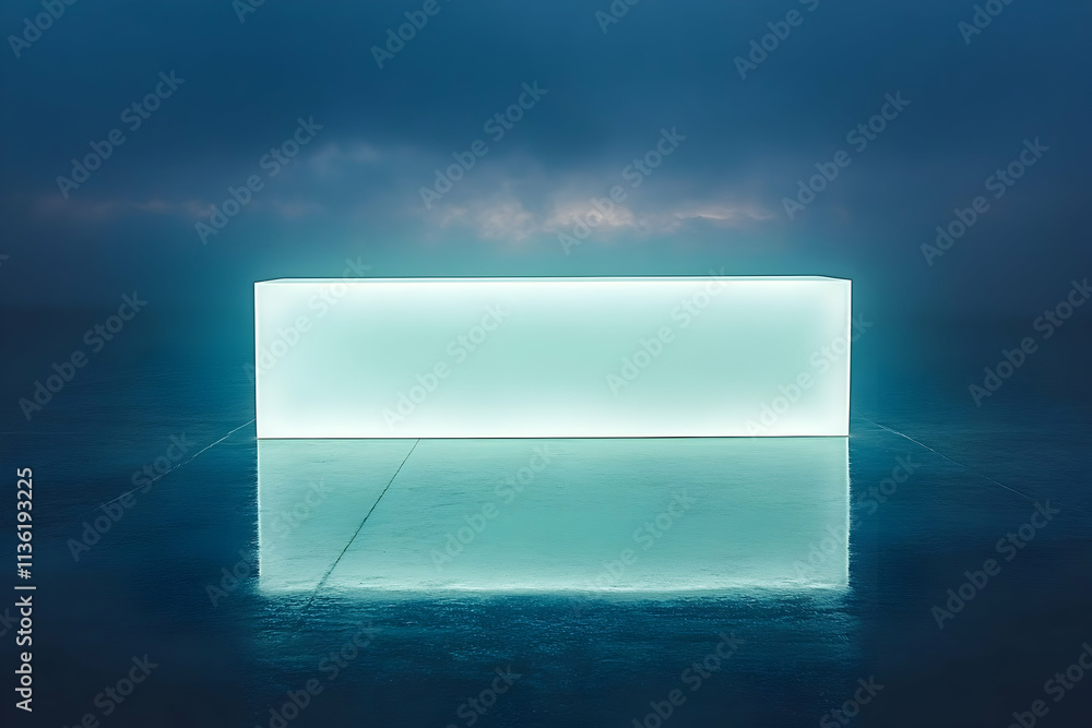 Glowing rectangular platform reflecting on dark floor. Glowing rectangular platform reflecting on dark floor.