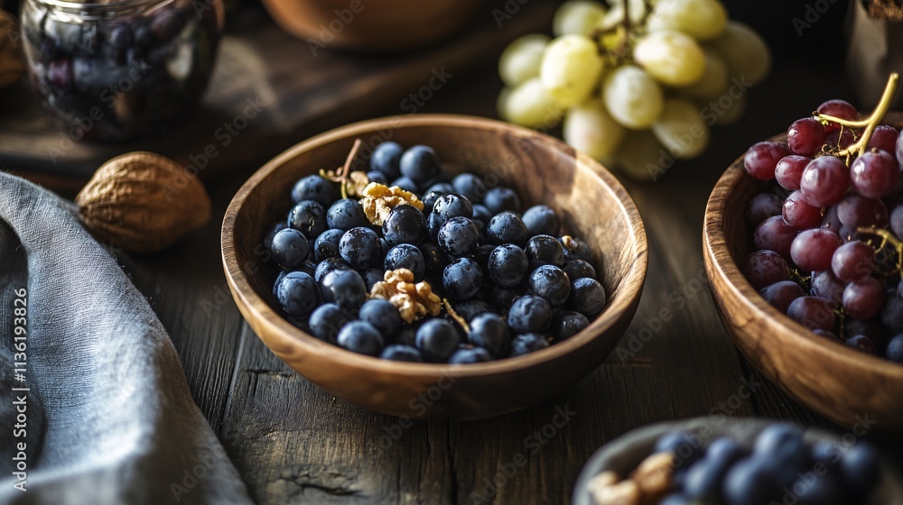 Fresh grapes and walnuts displayed on rustic wooden table Fresh grapes and walnuts displayed on rustic wooden table
