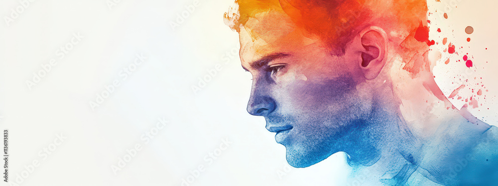 A man's face is painted in blue, red, and yellow A man's face is painted in blue, red, and yellow