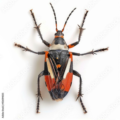 Close up of a colorful broad headed bug showcasing its intricate patterns and spiny legs against a white backdrop photo