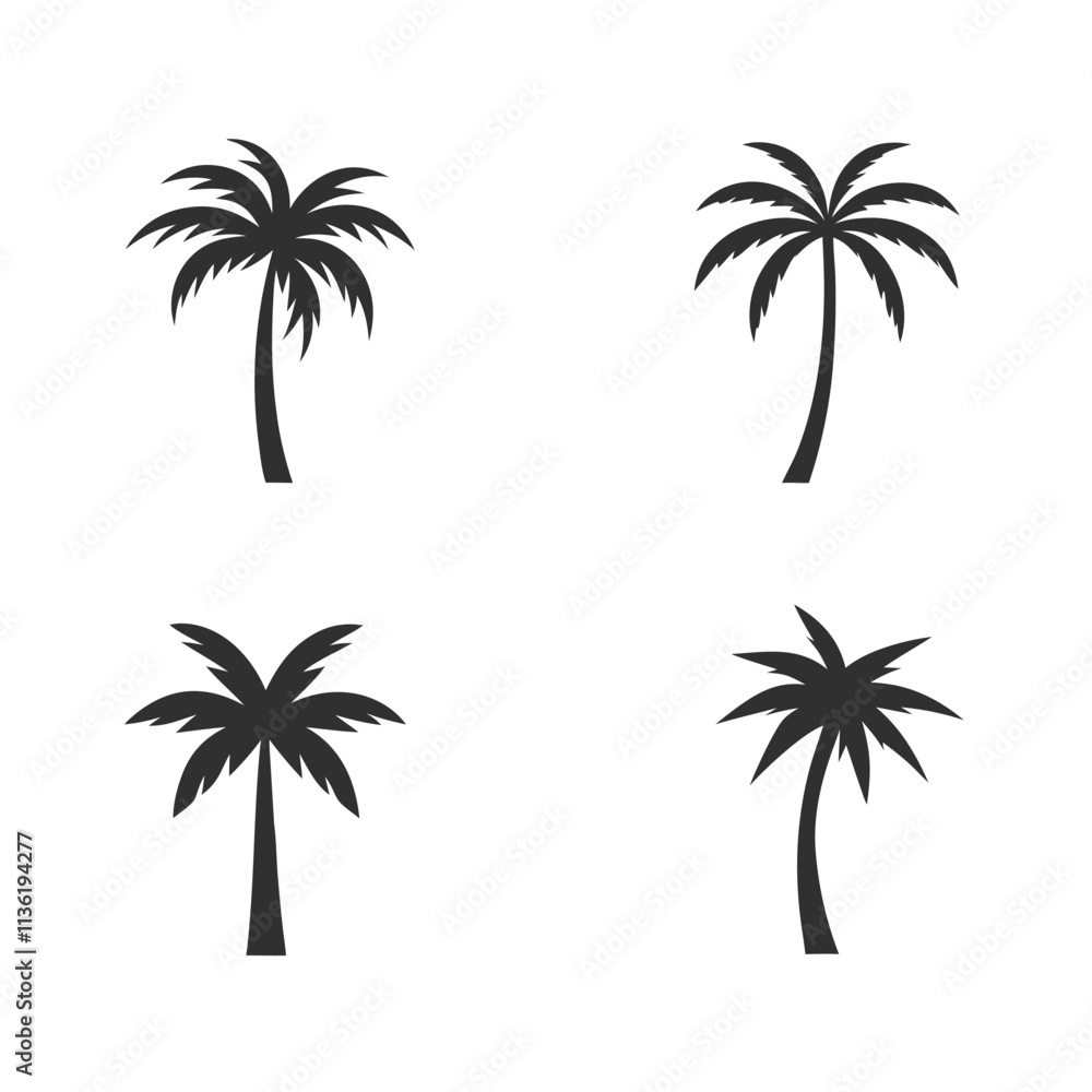Naklejka premium Palm Tree Silhouettes Set - Black and White Minimalist Palm Icons.