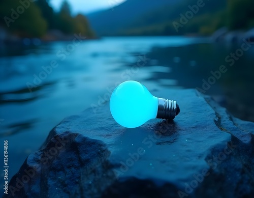 Lightbulb of Ideas Glowing Bulb on a Rock in a Tranquil Lake or River in a Forest Environment photo