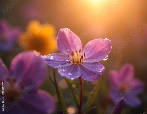 Closeup of a Blooming Flower Dew Drops and Water Droplets on Petals in Spring Nature