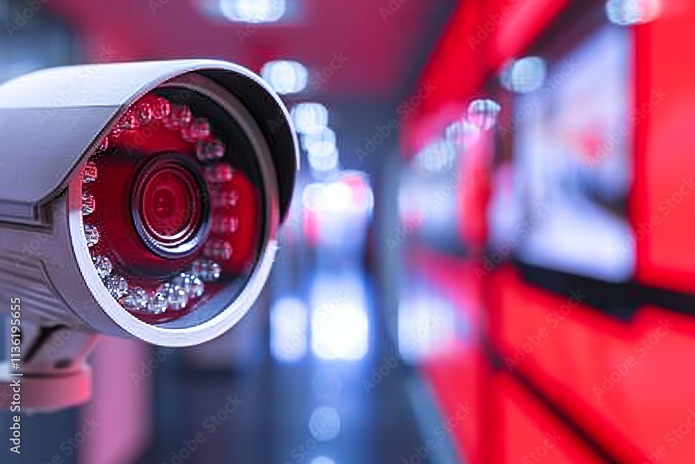 Close-up, Professional Security Camera Monitoring, Red Blurred Modern Office Background Close-up, Professional Security Camera Monitoring, Red Blurred Modern Office Background