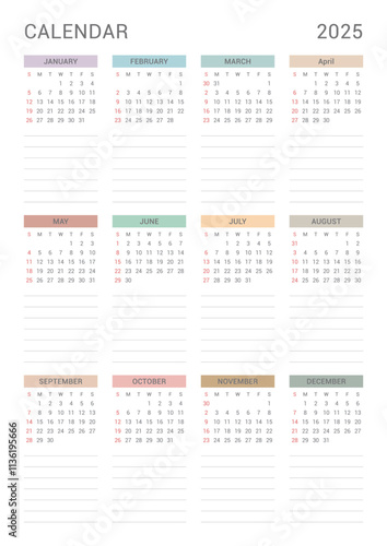 A simple and minimalist style annual template with a 2025 year 12 month calendar. Note, scheduler, diary, calendar, planner design template illustration.