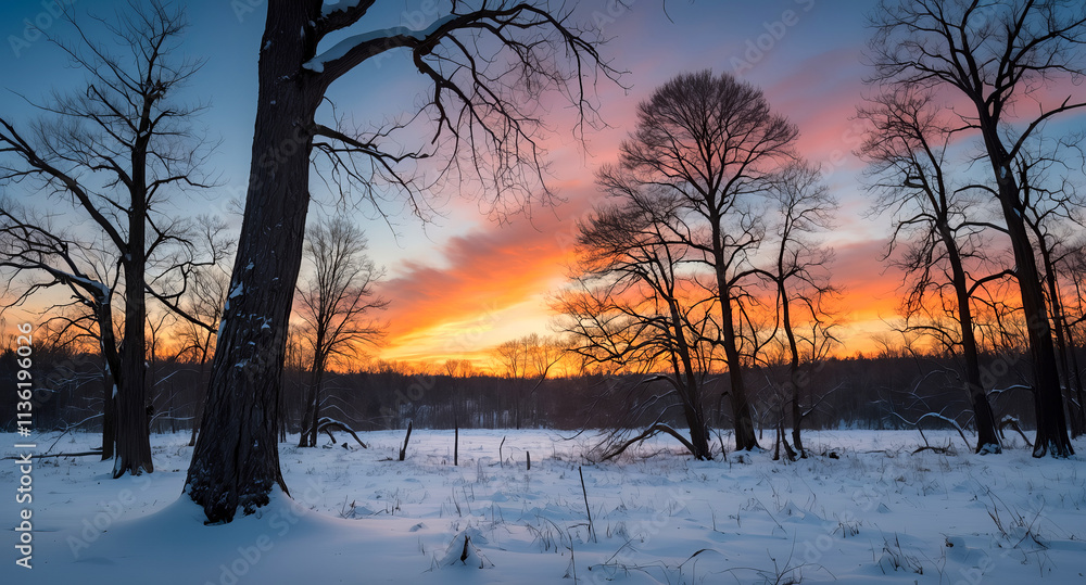 Naklejka premium Scenic winter landscape featuring leafless trees silhouetted against a colorful sunset sky, with snow-covered ground creating a tranquil atmosphere. 