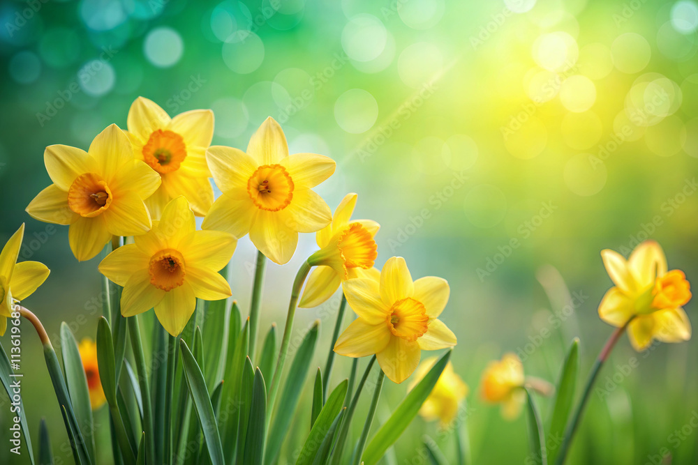 Yellow daffodils on soft blurred green background in sunlight, beautiful floral spring background Yellow daffodils on soft blurred green background in sunlight, beautiful floral spring background