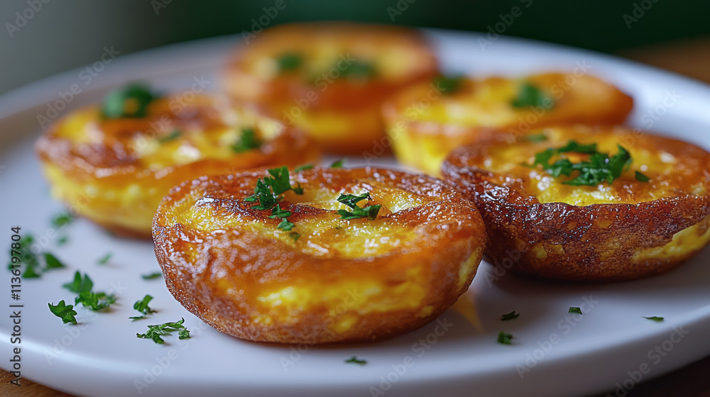 Five golden mini frittatas are beautifully arranged on a white plate, garnished with fresh herbs for an appealing brunch offering that looks absolutely delicious Five golden mini frittatas are beautifully arranged on a white plate, garnished with fresh herbs for an appealing brunch offering that looks absolutely delicious