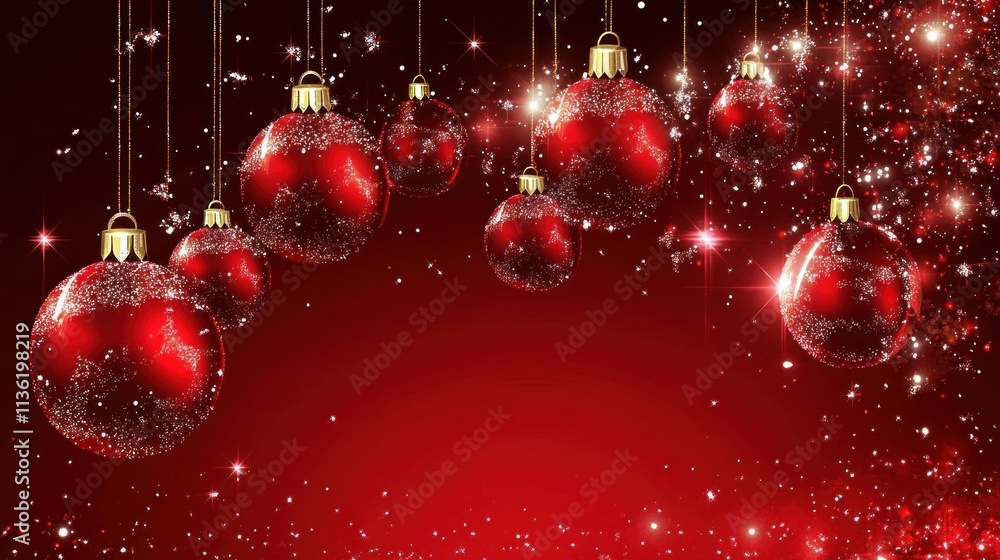 Beautiful red Christmas ornaments sparkling on a deep red backdrop, perfect for creating a holiday-themed greeting card or decoration. Beautiful red Christmas ornaments sparkling on a deep red backdrop, perfect for creating a holiday-themed greeting card or decoration.