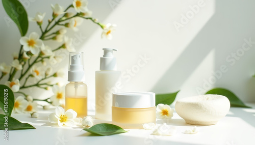 Spring skincare products with flowers and leaves in bright sunlight