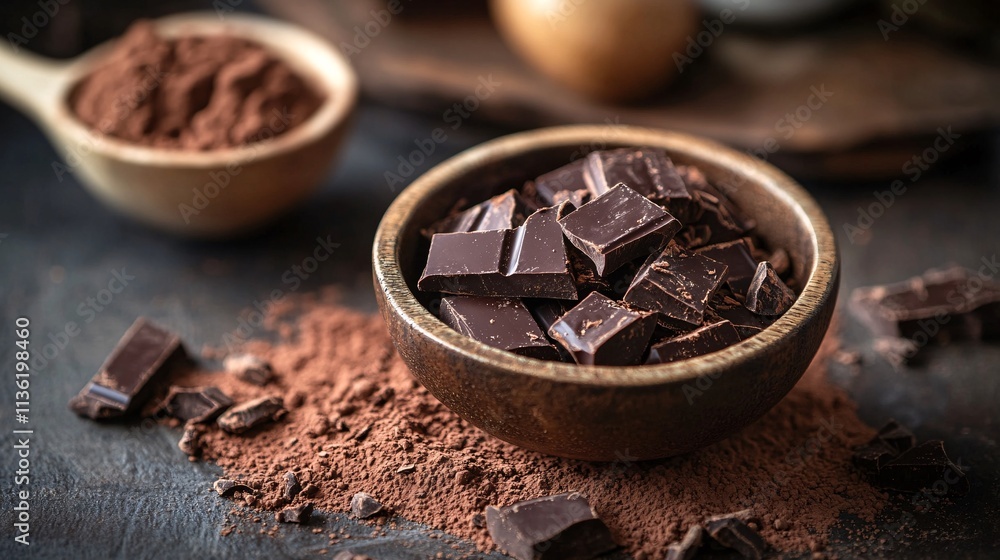 Dark chocolate chunks in wooden bowl with cocoa powder Dark chocolate chunks in wooden bowl with cocoa powder