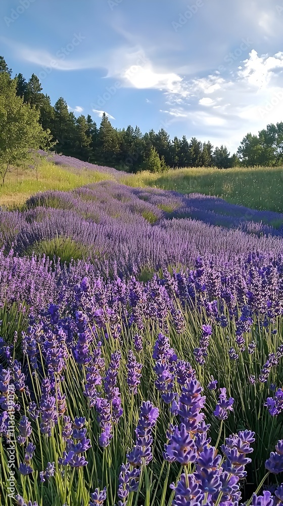 Naklejka premium Lavender fields stretching under a clear sky radiate vibrant purple hues and a soothing fragrance