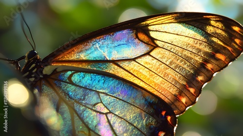 A brightly colored and shiny butterfly, showing its wings up close, allowing the intricate details to be clearly seen and beautifully captured.