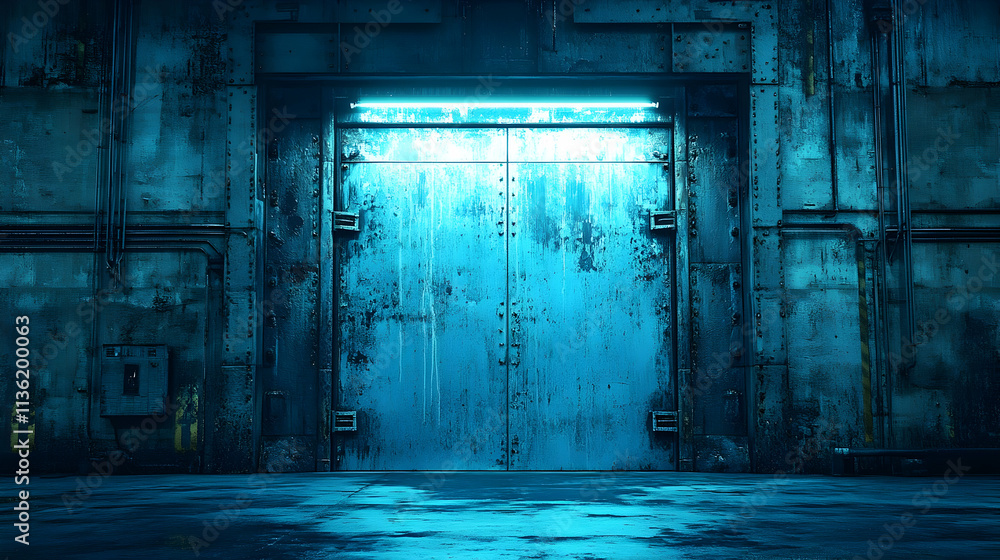Obraz premium Grungy blue metal door in a dark industrial building, illuminated by a fluorescent light above.