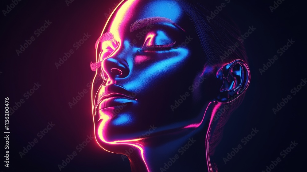 A woman's face is shown in a neon color A woman's face is shown in a neon color