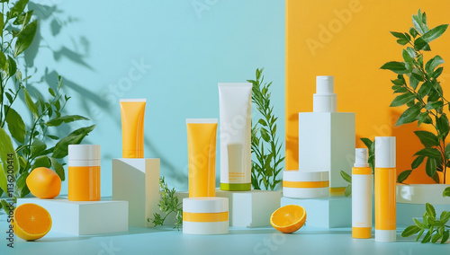 An assortment of skincare products arranged on a light blue background consisting of lotions, creams, serums and beauty essentials. photo