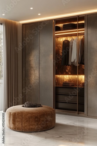 Modern walk-in closet with bronze sliding doors, warm lighting, and a plush ottoman.