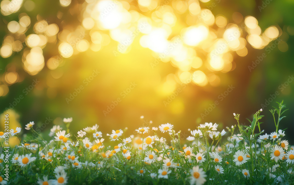 A field of yellow flowers with the sun shining on them A field of yellow flowers with the sun shining on them