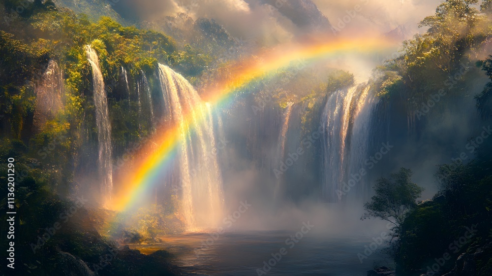 A waterfall with a rainbow in the sky. The waterfall is surrounded by rocks and the water is calm. The rainbow adds a sense of wonder and beauty to the scene A waterfall with a rainbow in the sky. The waterfall is surrounded by rocks and the water is calm. The rainbow adds a sense of wonder and beauty to the scene