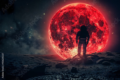 First Human on Mars Lonely Astronaut Standing on the Red Planets Surface with Bright Red Sky photo