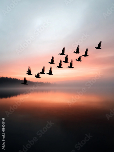 Wallpaper Mural Flock of birds flying over calm lake at sunrise Torontodigital.ca