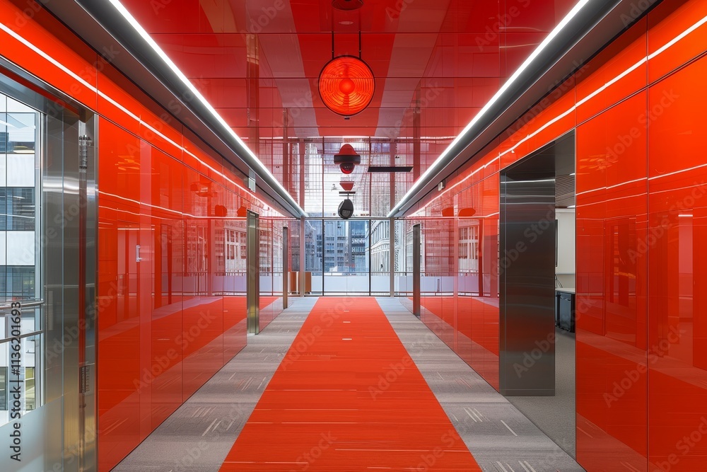 Obraz premium Modern Office Interior Design With Red Corridor, Glass Walls, and Contemporary Ceiling Lights