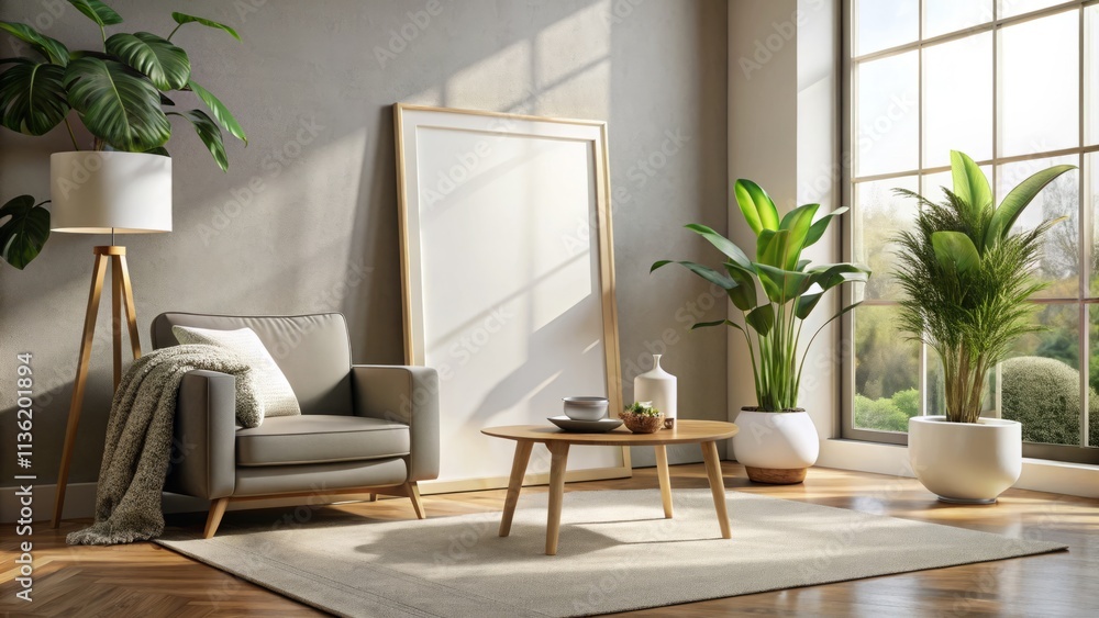 Mockup Poster Frame on Floor with Window Shadow in Modern Living Room, Ideal for Home Decor and Interior Design Showcases Mockup Poster Frame on Floor with Window Shadow in Modern Living Room, Ideal for Home Decor and Interior Design Showcases