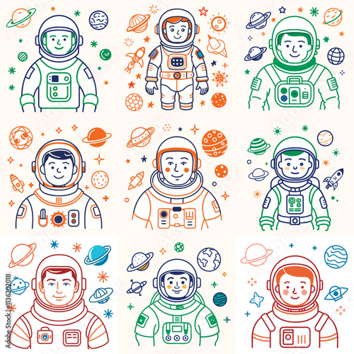 Set of astronaut in various poses in outer space. Spaceman galaxy exploration. Astronomy intergalactic star mission flight, galactic research concept. Flat man for comic, games and other design