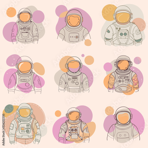 Set of astronaut in various poses in outer space. Spaceman galaxy exploration. Astronomy intergalactic star mission flight, galactic research concept. Flat man for comic, games and other design