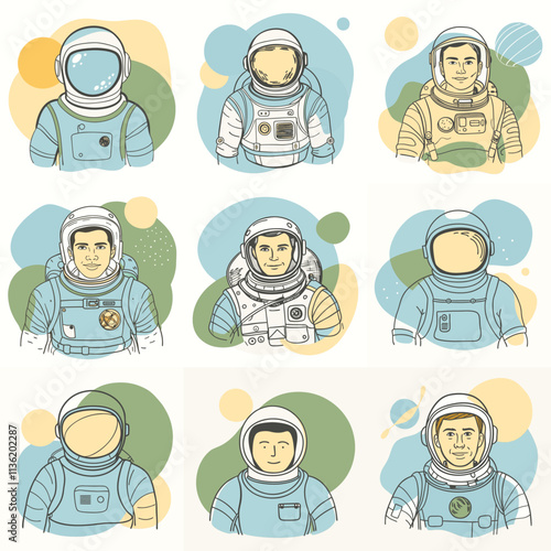 Set of astronaut in various poses in outer space. Spaceman galaxy exploration. Astronomy intergalactic star mission flight, galactic research concept. Flat man for comic, games and other design