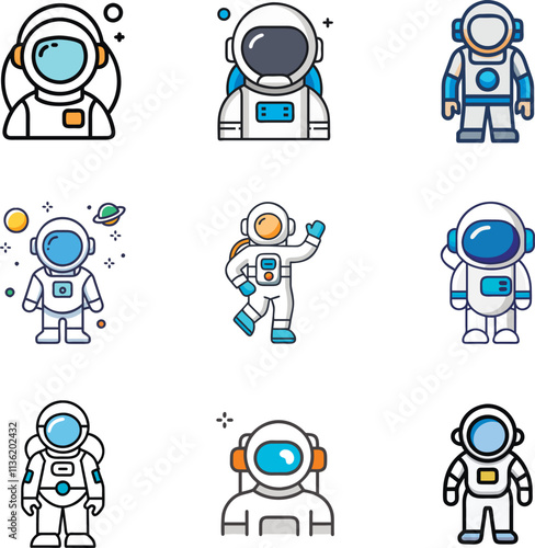 Set of astronaut in various styles icons. Spaceman galaxy exploration. Astronomy intergalactic star mission flight, galactic research concept. Flat man for comic, games and other design