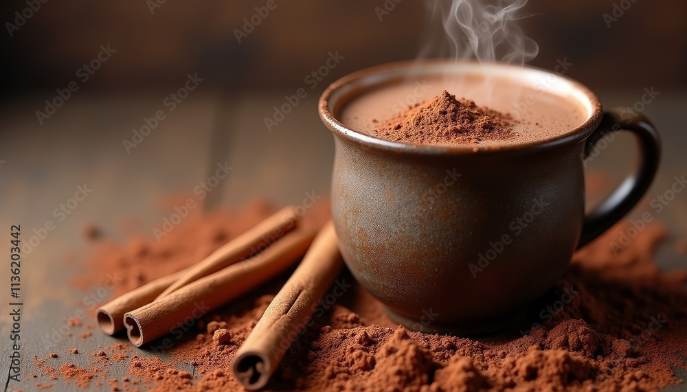 Rich hot chocolate with cocoa powder and cinnamon sticks in a dark mug Rich hot chocolate with cocoa powder and cinnamon sticks in a dark mug