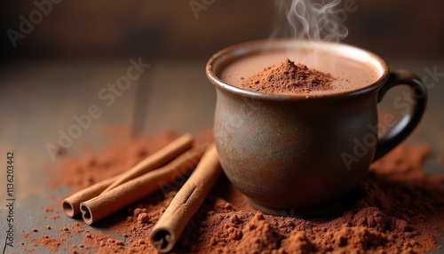 Rich hot chocolate with cocoa powder and cinnamon sticks in a dark mug
