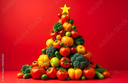 Christmas tree made of vegetables on a red background for a promotional banner about healthy eating, New Year motivation
