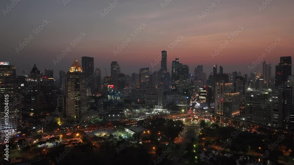 night time illuminated bangkok city downtown traffic crossroad construction aerial panorama 4k thailand night time illuminated bangkok city downtown traffic crossroad construction aerial panorama 4k thailand