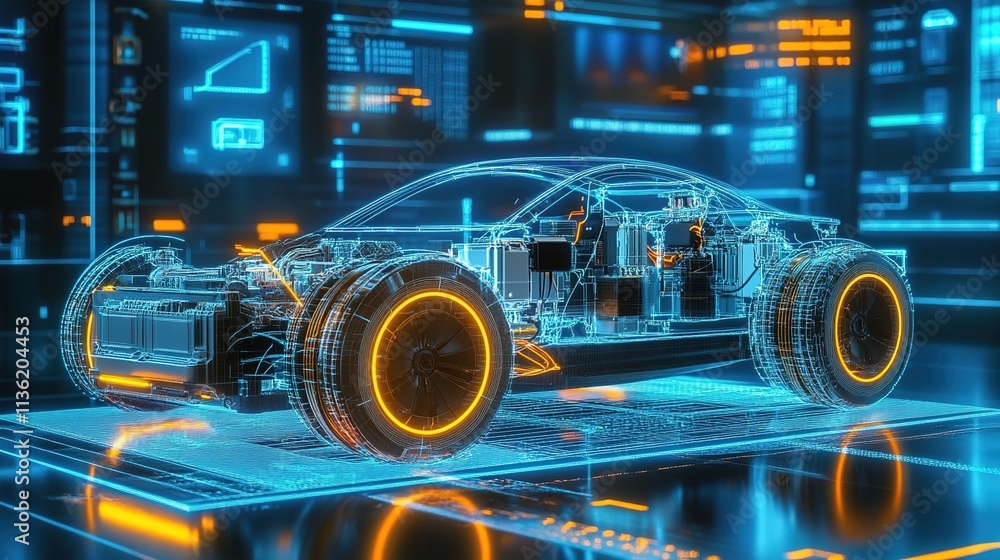 Fototapeta premium 3D rendering of an electric car with a transparent floor showing the engine