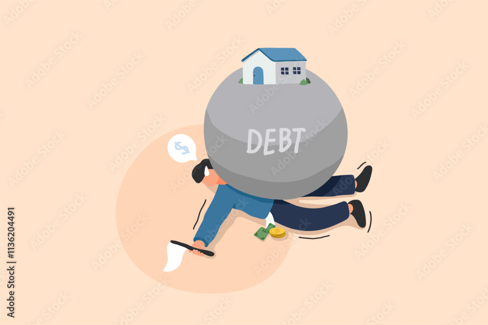 Crushing Debt. When Your Dream Home Becomes a Burden. An illustration of a massive house transformed into a crushing weight, symbolizing overwhelming mortgage debt. Crushing Debt. When Your Dream Home Becomes a Burden. An illustration of a massive house transformed into a crushing weight, symbolizing overwhelming mortgage debt.