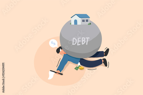 Crushing Debt. When Your Dream Home Becomes a Burden. An illustration of a massive house transformed into a crushing weight, symbolizing overwhelming mortgage debt.