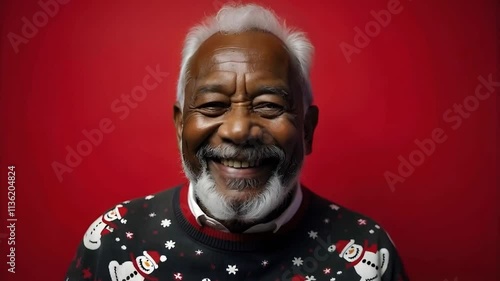 Smiling black African American man in a Christmas jumper on a red background