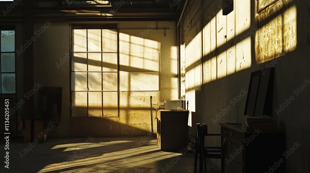 Fototapeta premium Sunlit Shadows in an Abandoned Factory Room